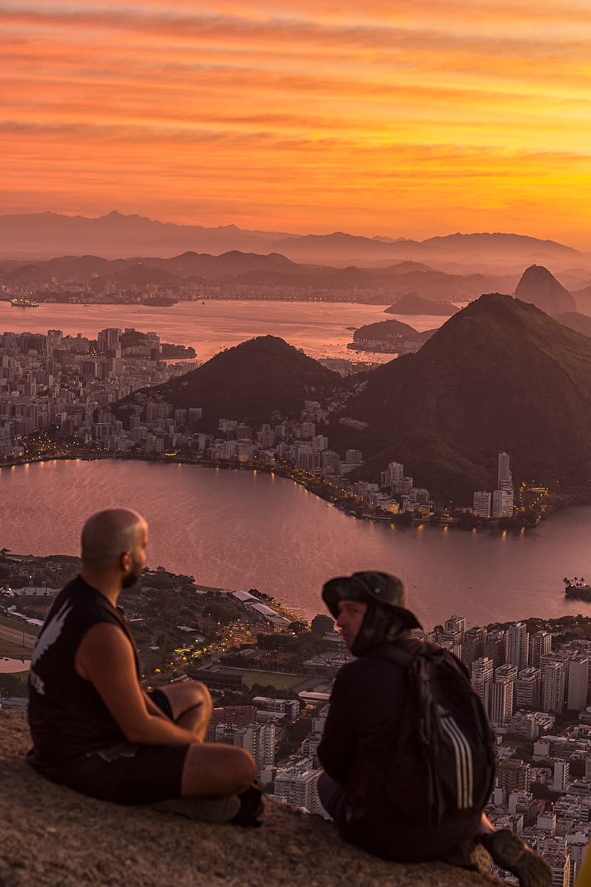 Panoramic Rio de Janeiro view from Dois Irmãos peak at sunrise