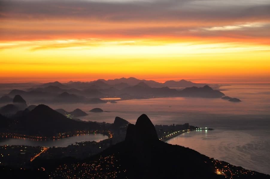 Sunrise view from the summit of Dois Irmãos twin peaks above Rio de Janeiro