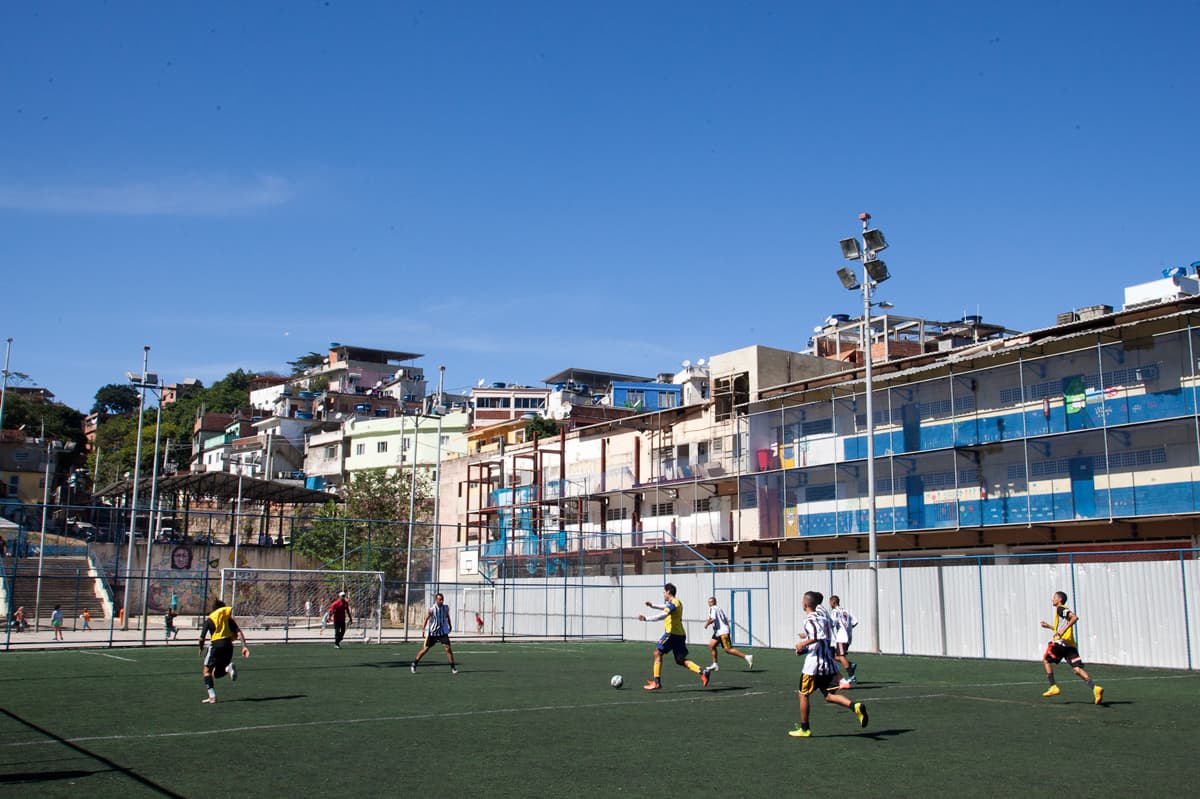 Panoramic view of Vidigal favela overlooking Rio de Janeiro and the ocean